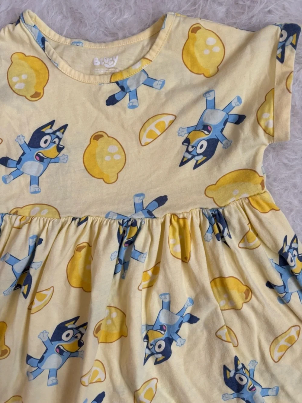 Girls’ Bright Yellow Lemon Print Dress with Fun Bluey Character